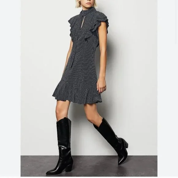 Karen Millen Black White Ruffle Keyhole Tie Neck Dress Size 6 - Picture 2 of 9